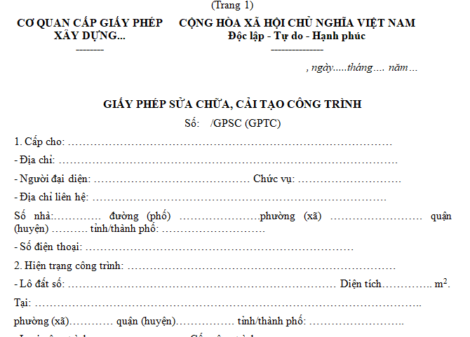 xin giấy phép sửa chữa cải tạo